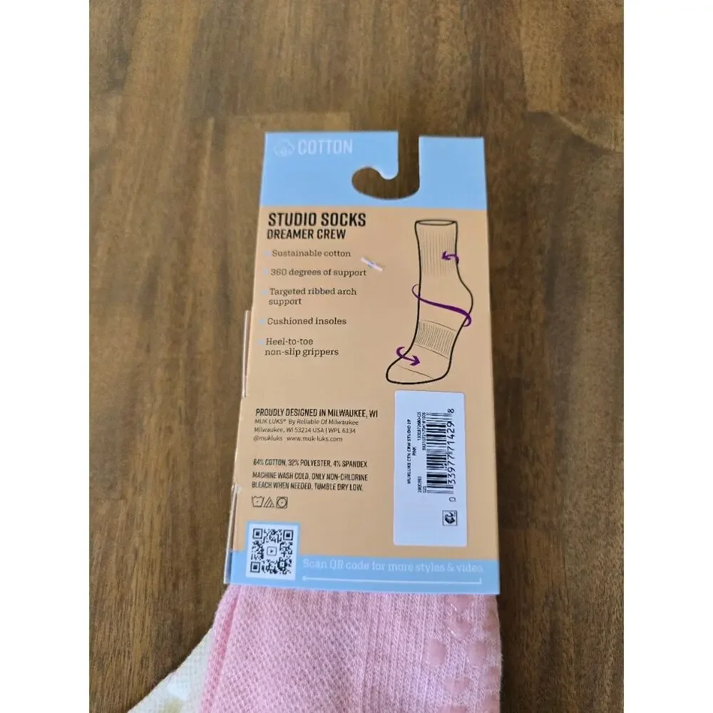MUK LUKS Women's Pilates Cotton Crew Socks, 2-Pack, Shoe Sizes 6-10 Grip, Yoga